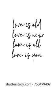 Hand drawn lettering. Ink illustration. Modern brush calligraphy. Isolated on white background. Love is old, love is new, love is all, love is you.