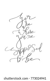 Hand drawn lettering. Ink illustration. Modern brush calligraphy. Isolated on white background. You are where you are supposed to be.
