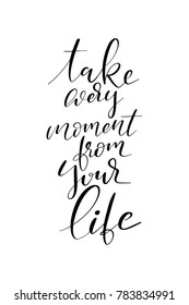 Hand drawn lettering. Ink illustration. Modern brush calligraphy. Isolated on white background. Take every moment from your life.