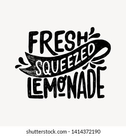 Hand drawn lettering inscription Fresh Squeezed Lemonade. Typographic ink text decorated with water splashes. Black and white vector illustration with cooling beverage banner. Attractive drink message