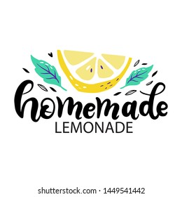 Hand drawn lettering inscriptions about Homemade Lemonade with sliced lemons and leaves. Hand drawn text sticker kit on healthy cooling drinks, posters