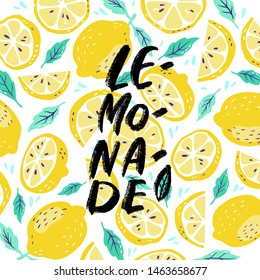 Hand drawn lettering inscriptions about Lemonade on lemon background. Hand drawn text sticker kit on healthy cooling drinks, posters