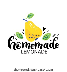 Hand drawn lettering inscriptions about Homemade Lemonade with pear and leaves. Hand drawn text sticker kit on healthy cooling drinks, posters. Organic lemonade