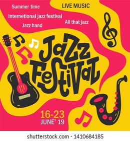 Hand drawn lettering "Jazz festival" Logo vector design. Lettering for web, congratulations, promotional pictures news, invitations, postcards, banners, posters - Vector