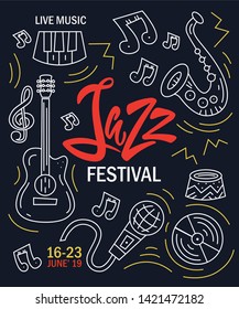 Hand drawn lettering "Jazz festival" poster vector design. Lettering for web, congratulations, promotional pictures news, invitations, postcards, banners, posters - Vector