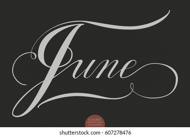 Hand drawn lettering "June". Elegant modern handwritten calligraphy. Vector Ink illustration. Typography poster on dark background. For cards, invitations, prints etc.   