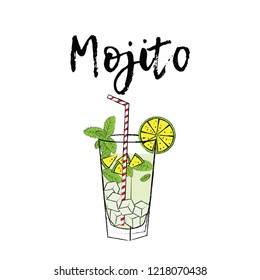hand drawn lettering label for alcohol cocktail Mojito. Calligraphy brush and ink. Handwritten inscriptions for layout and template. Vector illustration of text.