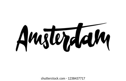 Hand drawn lettering label with Amsterdam city. This illustration can be used as a print on T-shirts, bags, wall, poster, and for tourism or visit promotion.