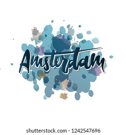 Hand drawn lettering label with Amsterdam city. This illustration can be used as a print on T-shirts, bags, wall, poster, and for tourism or visit promotion.