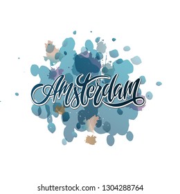 Hand drawn lettering label with Amsterdam city. This illustration can be used as a print on T-shirts, bags, wall, poster, and for tourism or visit promotion.