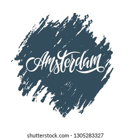 Hand drawn lettering label with Amsterdam city. This illustration can be used as a print on T-shirts, bags, wall, poster, and for tourism or visit promotion.