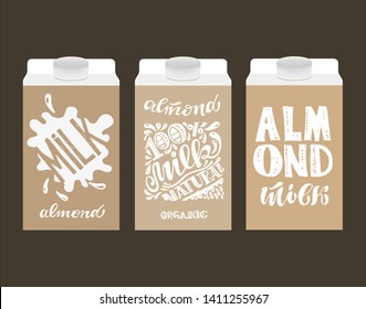 Hand drawn lettering label - natural 100% milk. Almond Milk. 