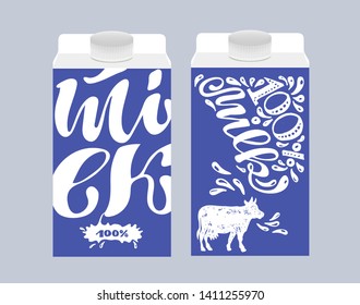 Hand drawn lettering label - natural 100% milk. Almond Milk. 