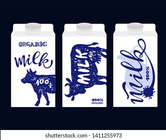 Hand drawn lettering label - natural 100% milk. Almond Milk. 