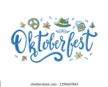 Hand drawn lettering with leaves, hat, beer, pretzel and mustache on white background. Oktoberfest beautiful calligraphic word for print. - Vector