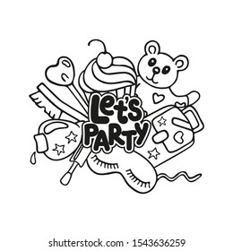Cartas dibujadas a mano Vamos a fiesta. Concepto lineal para el pajama de sonambulismo o fiesta de sueño aislado en fondo blanco. Elemento para tarjetas, pegatinas, carteles, banners de diseño. Ilustración vectorial.