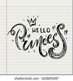 Hand drawn lettering little princess with crown for print, clothe, card, decor on paper background, vector illustration