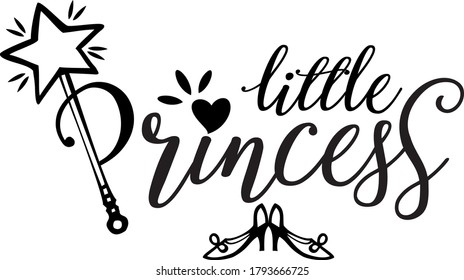 Hand drawn lettering little princess with magic wand for print, clothe, card, decor, vector illustration