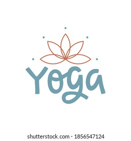 Hand drawn lettering with lotus symbol. Simple minimalist pastel vector illustration of the word yoga. T-shirt, logo, poster, business card or banner typography on white background.