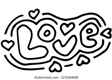 hand drawn lettering Love isolated on white background. several hearts and lines. doodle for t-shirt print, textile, clothes and poster design. Vector illustration