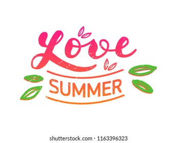 Hand drawn lettering "Love summer" Typographical Background, vector design. Lettering for web, polygraphy, congratulations, promotional pictures news, invitations, postcards, banners, posters