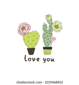 Hand drawn lettering Love you with decoration blossom cactuses. Vector floral holiday card. 