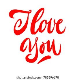 Hand drawn lettering I love you. Red on white background. Vector. Brush pen style.
