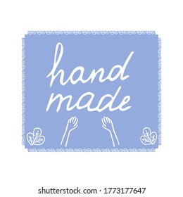 Hand drawn lettering hand made, logo, emblem for shop, tags isolated on white background editable stock vector illustration. Doodle element, stamp