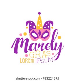 Hand drawn lettering and mask with fool s cap for Mardi Gras holiday logo original design. Fat Tuesday, carnival. Colorful vector isolated on white