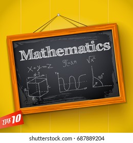 Hand drawn lettering mathematics equation and graph on chalkboard with wooden frame on yellow background vector illustration