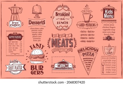 Hand Drawn Lettering Menu List Mockup With Breakfast And Lunch, Fast Food And Pizza, Meats Menu, Burgers, Appetizers, Fruit Platter, Desserts, Drinks And Kids Menu Positions