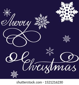 Hand drawn lettering merry christmas and white snowflakes on dark blue background