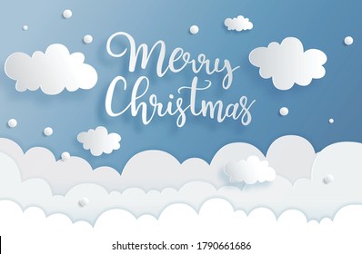 Hand drawn Lettering Merry Christmas greeting card in paper cut style