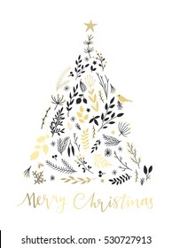 Hand drawn lettering - Merry Christmas card with botanical elements in christmas tree shape. Vector illustration