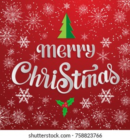Hand drawn lettering - Merry Christmas. Elegant handwritten calligraphy for Christmas holidays. Volumetric letters with shadow and snowflakes. For cards, invitations, prints etc