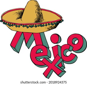 Hand drawn lettering Mexico and sombrero hat on white background