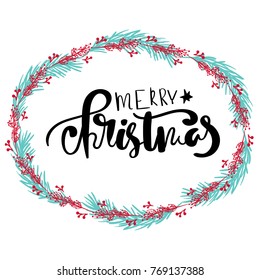 hand drawn lettering. Modern brush calligraphy merry Christmas greeting card with frame