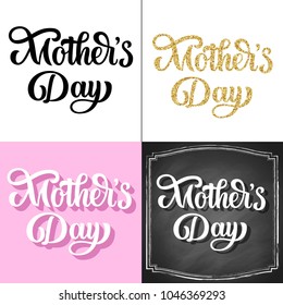 Hand drawn lettering Mother's Day inscription set, with long shadow on chalkboard, with golden glitter texture, isolated on retro pink background. Vector illustration.