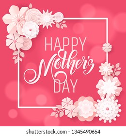 Hand drawn lettering Mothers Day. Spring banner. Origami flower frame. Vector Illustration EPS10