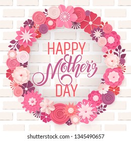 Hand drawn lettering Mothers Day. Spring banner. Origami flower frame. Vector Illustration EPS10