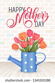 Hand drawn lettering Mothers Day. Spring banner. Bouquet of tulips. Vector Illustration EPS10