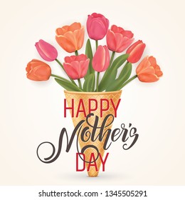Hand drawn lettering Mothers Day. Spring banner. Bouquet of tulips. Vector Illustration EPS10