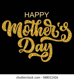 Hand drawn lettering mother's day inscription with golden glitter texture, isolated on black background.