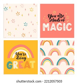 Hand drawn lettering motivational quotes set. Inscriptions and cute pattern. Perfect design for greeting cards, posters, T-shirts, banners, print invitations. Self care concept.