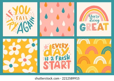 Hand drawn lettering motivational quotes set. Inscriptions and cute pattern. Perfect design for greeting cards, posters, T-shirts, banners, print invitations. Self care concept.