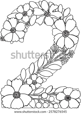 Hand drawn lettering Number 2 vector isolated background. Handwritten message. Numbers date Numeric with Flowers Blossom leaves Elements. For print, cards, design, banner, poster, calendar decor