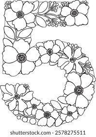 Hand drawn lettering Number 5 vector isolated background. Handwritten message. Numbers date Numeric with Flowers Blossom leaves Elements. For print, cards, design, banner, poster, calendar decor