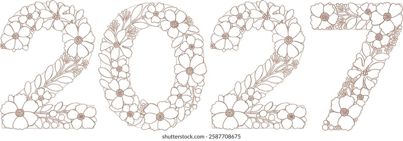 Hand drawn lettering Number vector isolated background. Handwritten message. Numbers date 2027 year. For print, cards, design, banner, poster, calendar. Numeric Flowers Blossom leaves Elements floral