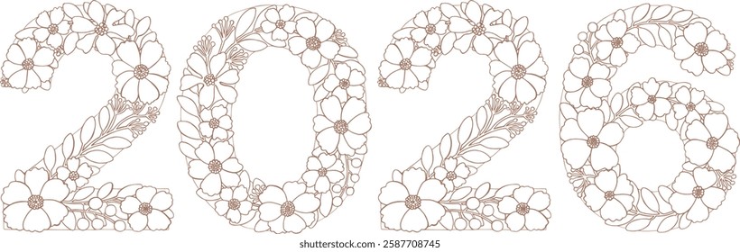 Hand drawn lettering Number vector isolated background. Handwritten message. Numbers date 2026 year. For print, cards, design, banner, poster, calendar. Numeric Flowers Blossom leaves Elements floral