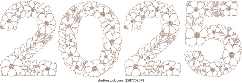 Hand drawn lettering Number vector isolated background. Handwritten message. Numbers date 2025 year. For print, cards, design, banner, poster, calendar. Numeric Flowers Blossom leaves Elements floral